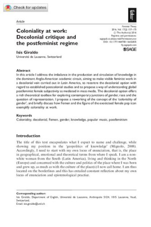 Coloniality at work: Decolonial critique and the postfeminist regime