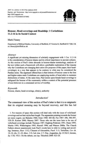 Honour, Head-coverings and Headship: 1 Corinthians 11.2-16 in its social context