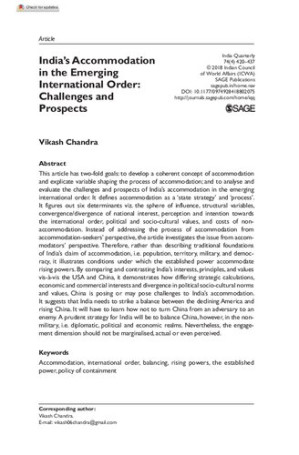 India’s Accommodation in the Emerging International Order: Challenges and Prospects